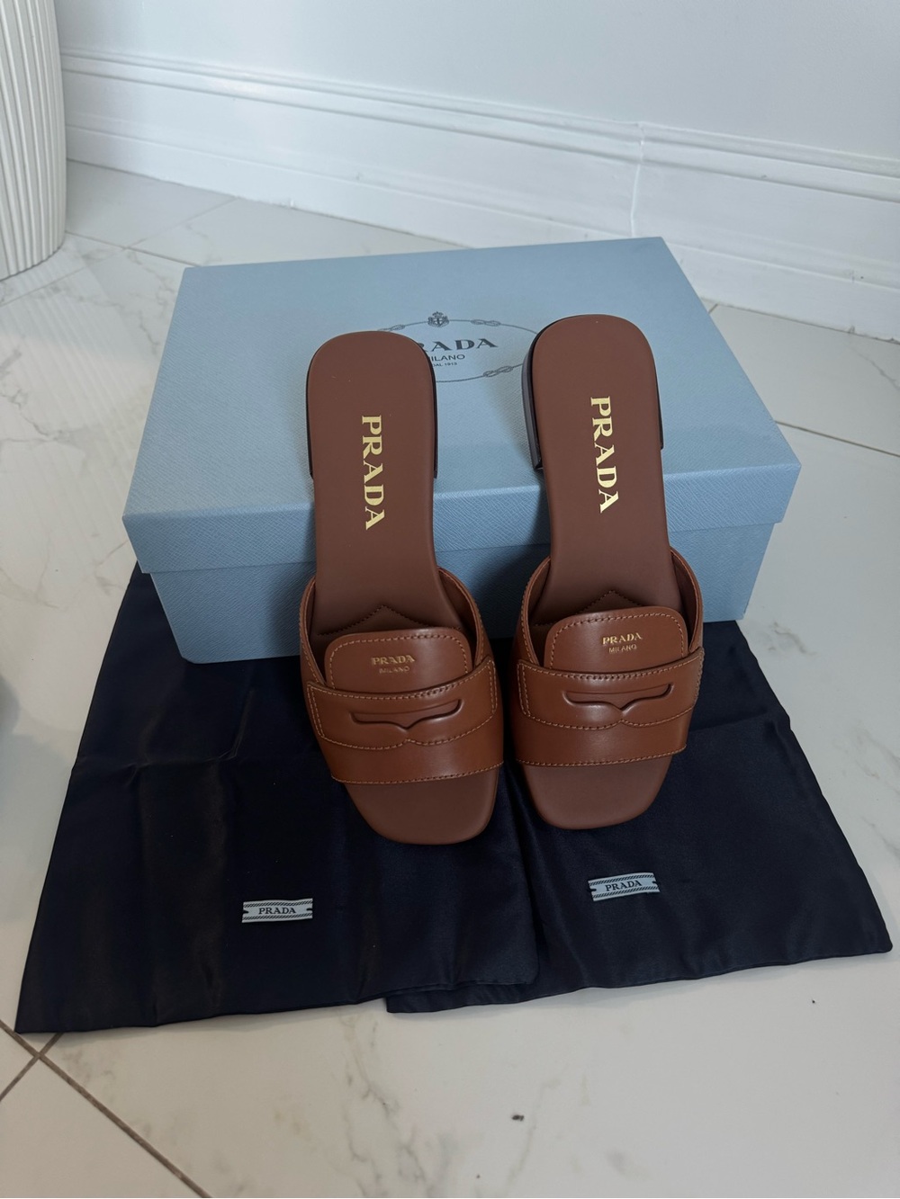 Prada Brown Leather Slide Sandals with Gold Logo